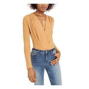 Kit + Sky Womens Gold Glitter Long Sleeve Surplice Neckline Bodysuit Juniors L